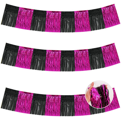 BEISHIDA 3 Packs Metallic Foil Fringe Garland Black Hot Pink Wall Hanging Tinsel Fringe Banners for Car Floats Bridal Shower Wedding Birthday Graduation Holiday Party Decoration(30 Feet)