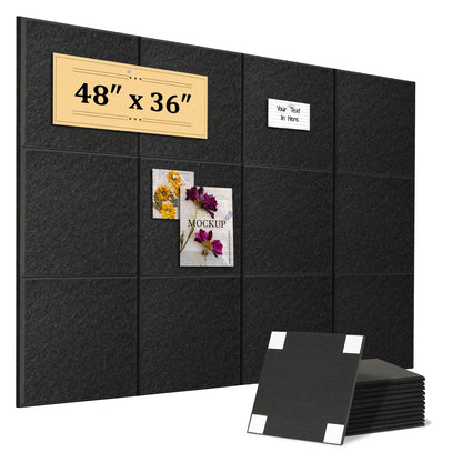 QUEENLINK Large Felt Bulletin Board 48"x36", 12-Pack, Cork Board Alternative with 48 Removable Adhesive Tabs, Felt Wall Tiles Pin Board Tack Board for Home Office Wall Decor, Black