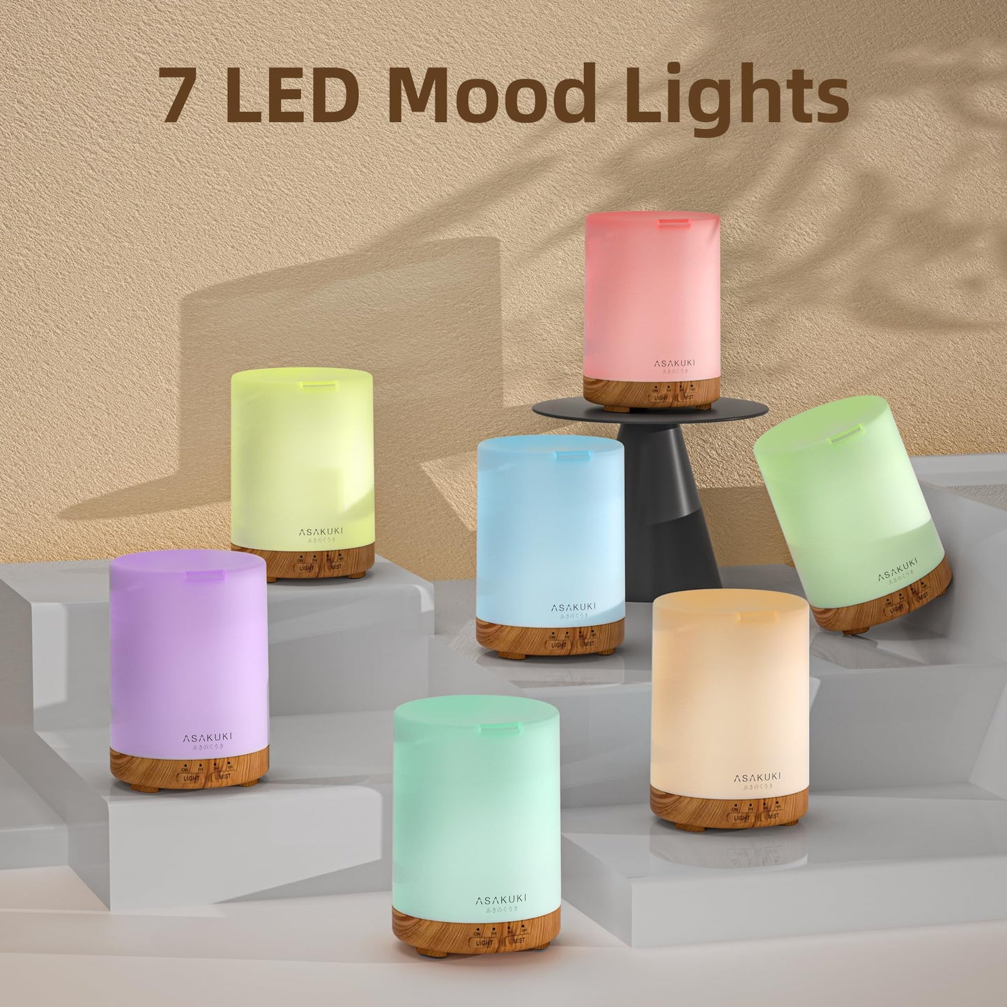 ASAKUKI 300ML Essential Oil Diffuser, Quiet 5-in-1 Premium Humidifier, Home Fragrance Aroma Diffuser with 7 LED Color Changing Light and Auto-Off Switch -Light Brown