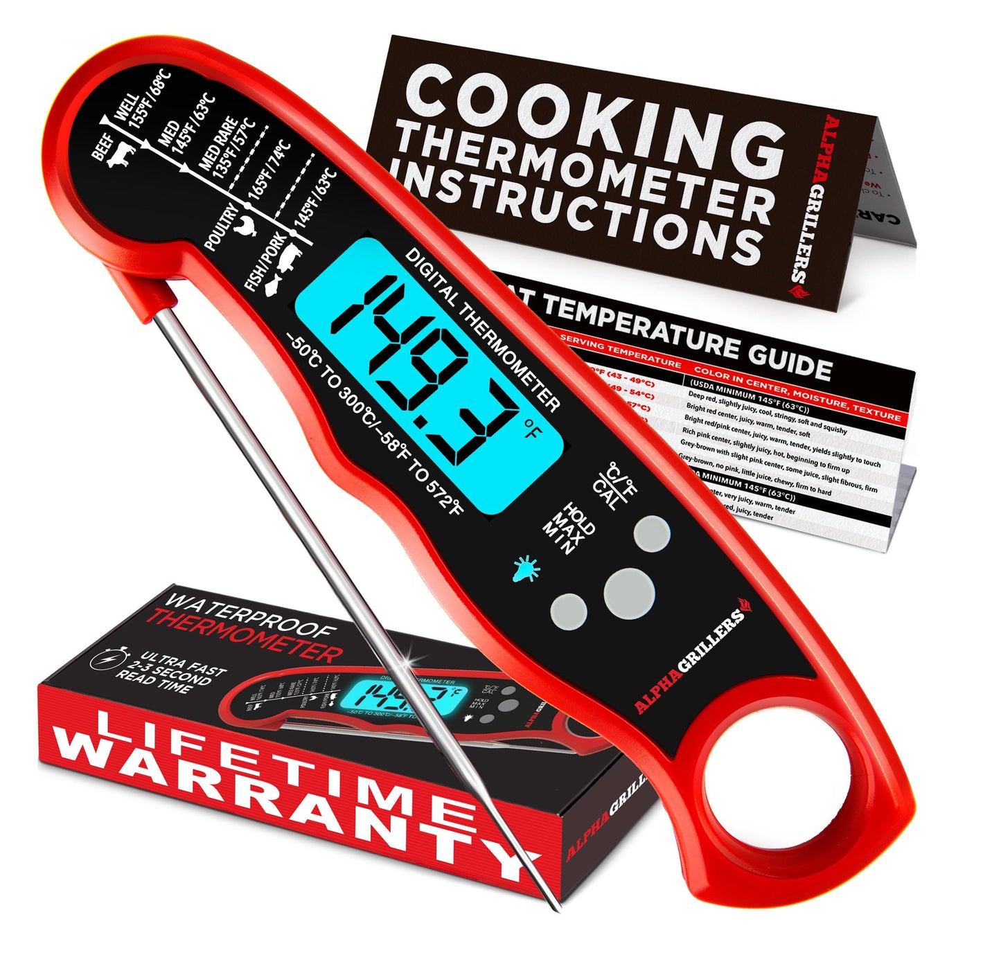 Alpha Grillers Meat Thermometer Digital - Instant Read Food Thermometer for Cooking Grilling Air Fryer Griddle Probe Kitchen Gadgets Essentials BBQ Accessories Grill Gifts for Men Him Dad Birthday