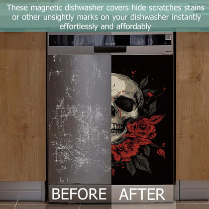 Gothic Skull Dishwasher Magnets Decorative Cover,Halloween Red Rose Flower Waterproof Magnetic Dishwasher Cover Panel,Refrigerator Magnet Cover for Kitchen Home Decor 23x26 Inch