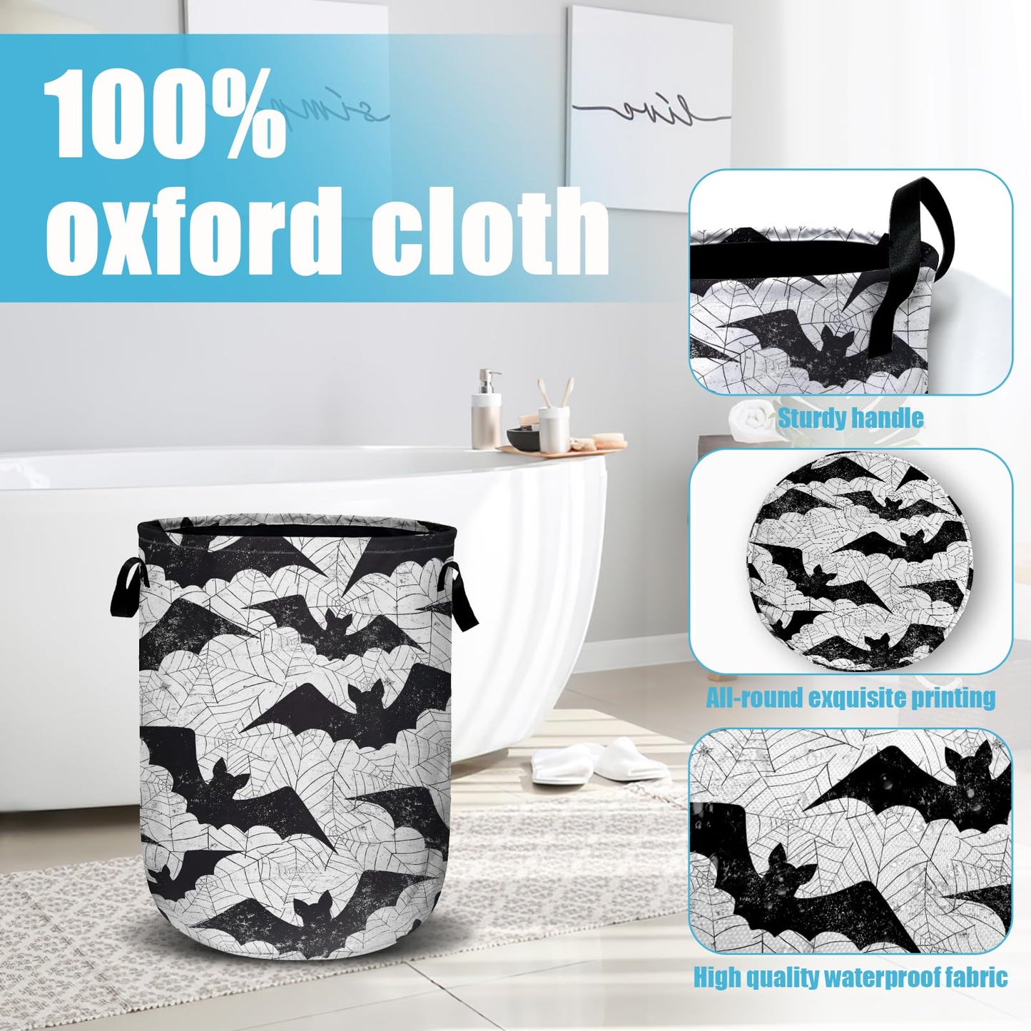 Retro Black White Bat Laundry Basket, Halloween Laundry Hamper Collapsible Oxford Cloth with Handle Clothes Storage Bin for Bathroom Laundry Room Bedroom 15.7 X 20 Inch