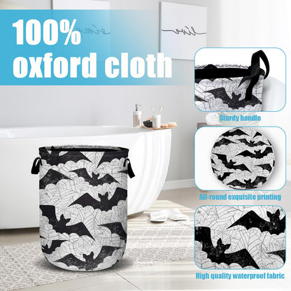 Retro Black White Bat Laundry Basket, Halloween Laundry Hamper Collapsible Oxford Cloth with Handle Clothes Storage Bin for Bathroom Laundry Room Bedroom 15.7 X 20 Inch