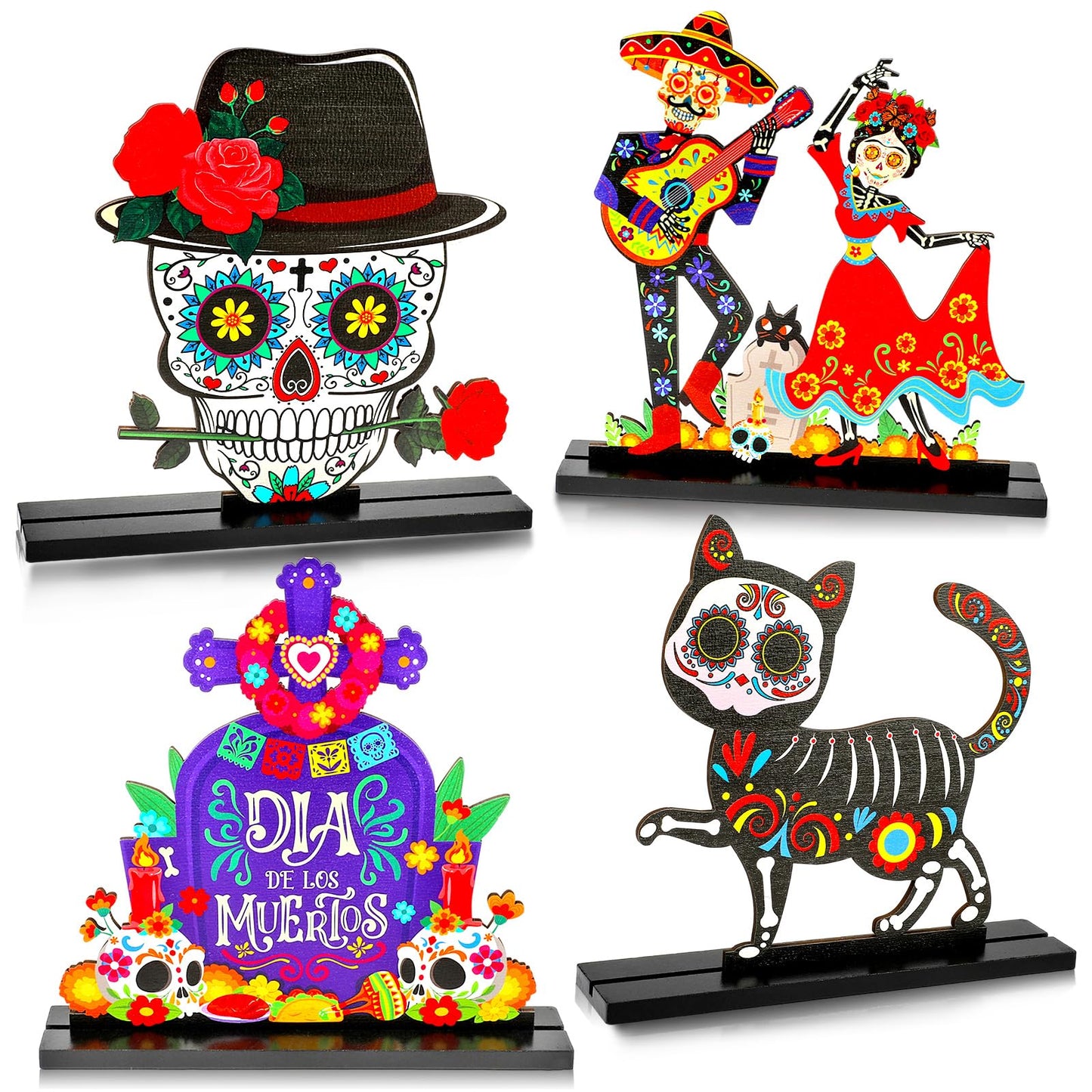 HOWAF 4PCS Day of The Dead Table Decorations,Wooden Mexican Dia De Los Muertos Altar Centerpiece with Sugar Skull Dancing Ghost Skeleton Couple Skeleton Cat Altar for Day of The Dead Alter Decor