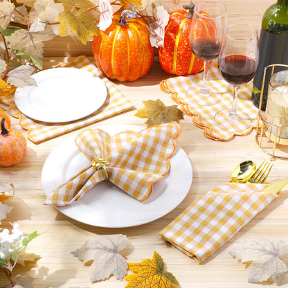 SmoothNovelty 12 Pack Buffalo Plaid Cloth Napkins 18x18 Inch Checkered Cloth Napkins Scalloped Soft Cotton Table Mat Washable Reusable for Dinner Wedding Holiday Birthday Parties (Classic,Yellow)