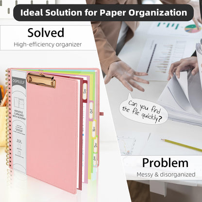 Ospelelf Pink Foldable Spiral Clipboard Folio with Storage Zipper Pouch, 5 Plastic Folders with 10 Pockets,Refillable Lined Notepad (11" x 8.5"), Hardcover Project Organizer with 39 Stickers