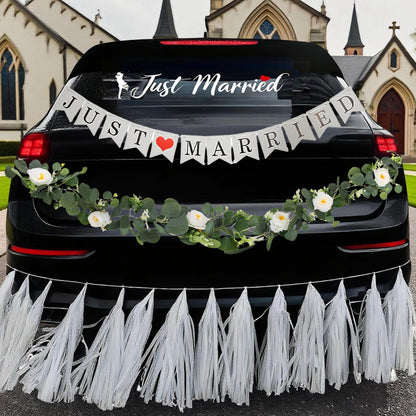 4PCS Just Married Wedding Car Decorations Kit with Greenery Vine Removable Banner Paper Tassel Static Cling Window Sticker for Bride and Groom Honeymoon Getaway Send Off Vehicle Decor