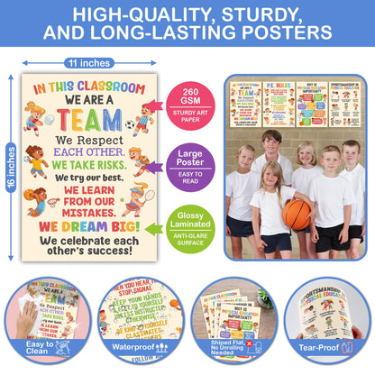 Lalunia 4 Pcs Classroom Exercise Posters (11x16) - Physical Education Class Rules Poster Decoration, Welcome to P.E Wall Art, Kids Workout Activity, Sports Education Supplies for PE Teachers