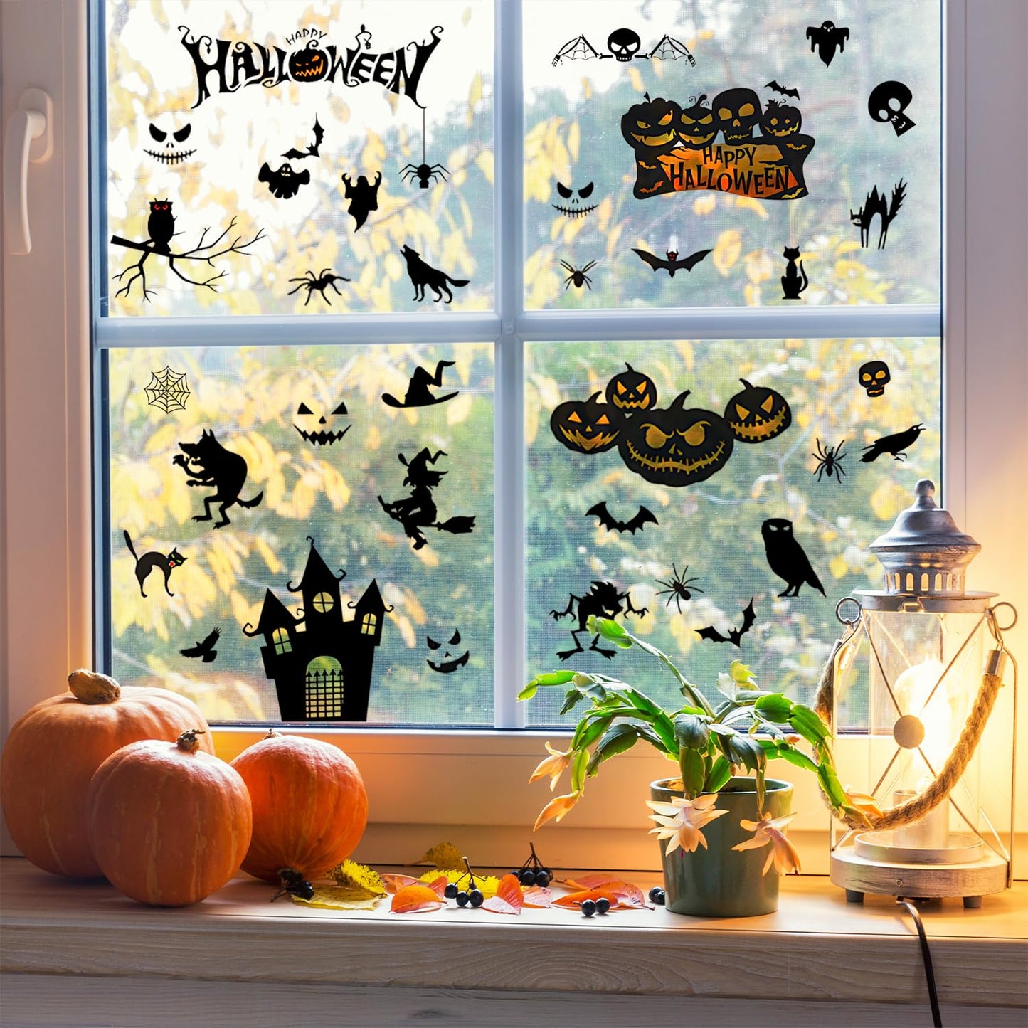 Halloween Wall Decals Stickers, Black Haunted Castle Pumpkin Skeleton Window Clings, Removable Spooky Spider Web Witch Silhouette Wall Stickers for Party Home Decor