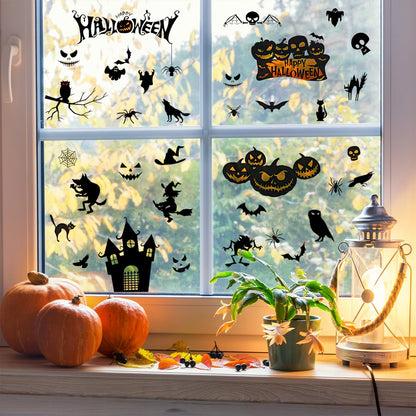 Halloween Wall Decals Stickers, Black Haunted Castle Pumpkin Skeleton Window Clings, Removable Spooky Spider Web Witch Silhouette Wall Stickers for Party Home Decor