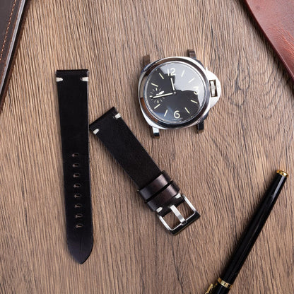 Berfine 20mm Leather Watch Band for Men Women, Vintage Handmade Quick Release Watch Strap Replacement, Thick Single layer, Black