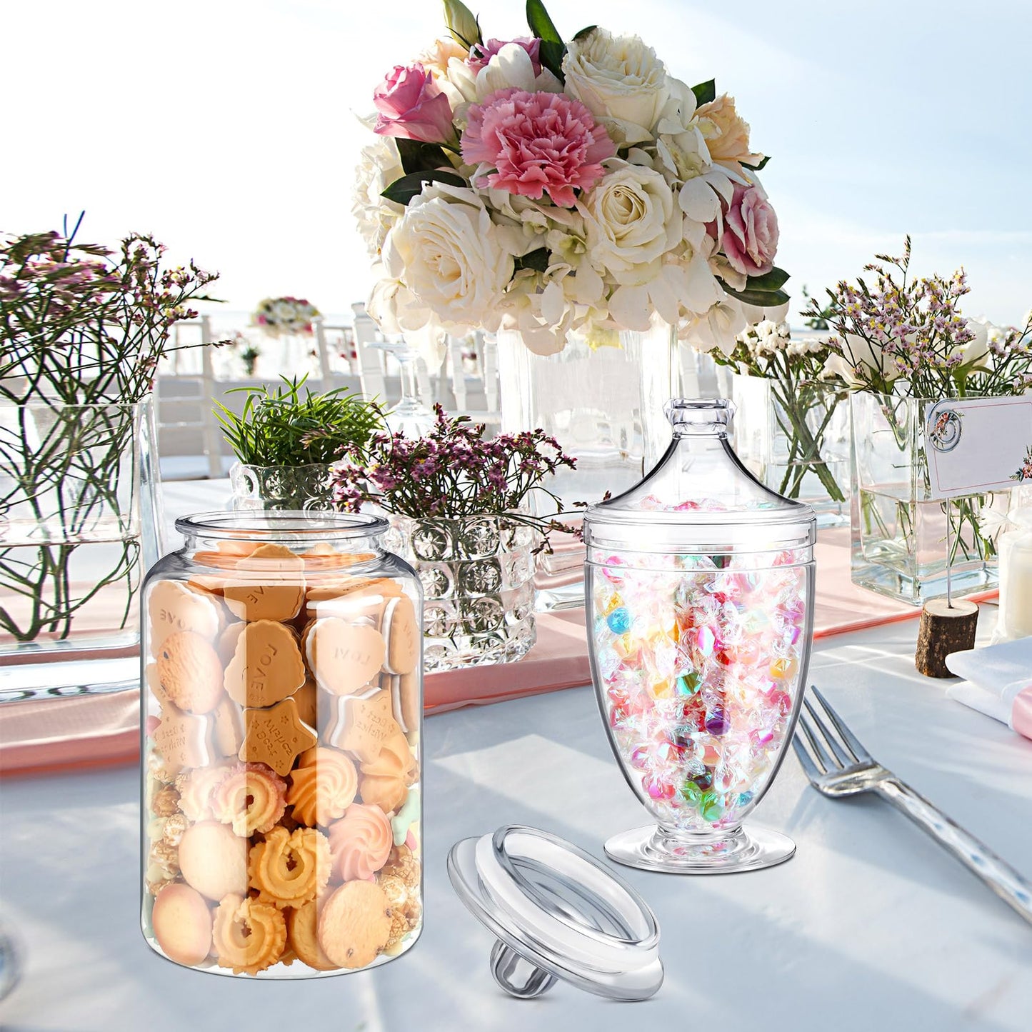 Nuogo 2 Pcs 1 Gallon Plastic Candy & Cookie Jar with Lids 128 oz Decorative Apothecary Jars Candy Buffet Containers Clear Airtight Food Storage Canister Home Decor Centerpiece (Bottle+cup Shape)