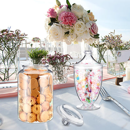 Nuogo 2 Pcs 1 Gallon Plastic Candy & Cookie Jar with Lids 128 oz Decorative Apothecary Jars Candy Buffet Containers Clear Airtight Food Storage Canister Home Decor Centerpiece (Bottle+cup Shape)