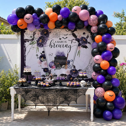 Mocsicka Halloween Baby Shower Backdrop A Baby is Brewing Baby Shower Party Decoartion Watercolor Flower Coffin Vampire Bat Baby Sprinkle Banner (Purple, 7x5ft(82''x60''))