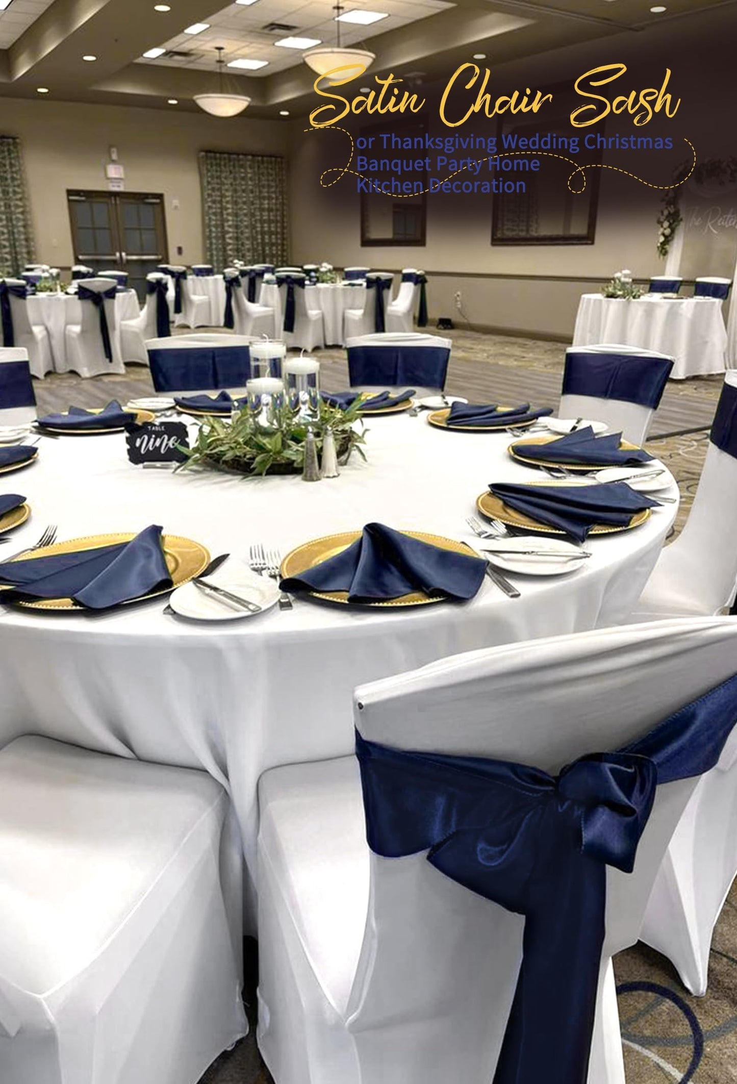 REWOMC 120 PCS Navy Blue Satin Chair Sashes, Ties Bows Designed Chairs Decorative, Chair Cover Sashes for Thanksgiving Wedding Christmas Banquet Party Home Kitchen Decoration (7 x 108 inch)