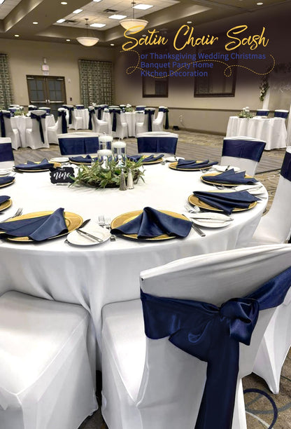 REWOMC 120 PCS Navy Blue Satin Chair Sashes, Ties Bows Designed Chairs Decorative, Chair Cover Sashes for Thanksgiving Wedding Christmas Banquet Party Home Kitchen Decoration (7 x 108 inch)