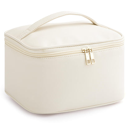 HBlife Travel Makeup Bag Portable Cute Leather Cosmetic Bag Large Make Up Bag Makeup Case Organizer Toiletry Bag for Women Girls with Handle and Removable Divider (Beige)