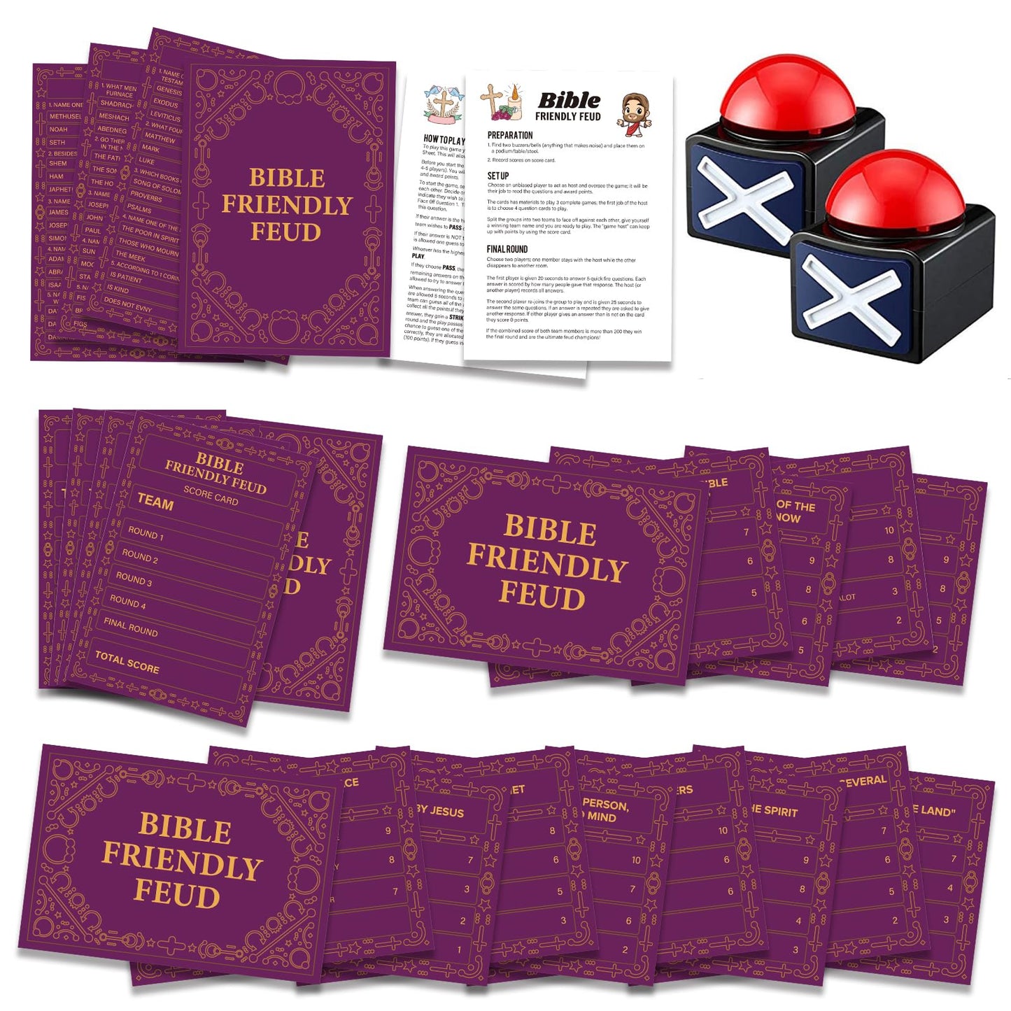 Bible Friendly Feud Game with 2 Buzzers Set, Bible Game Supplies Set, Church Feud Quiz, Games for Church Group - BISC006B