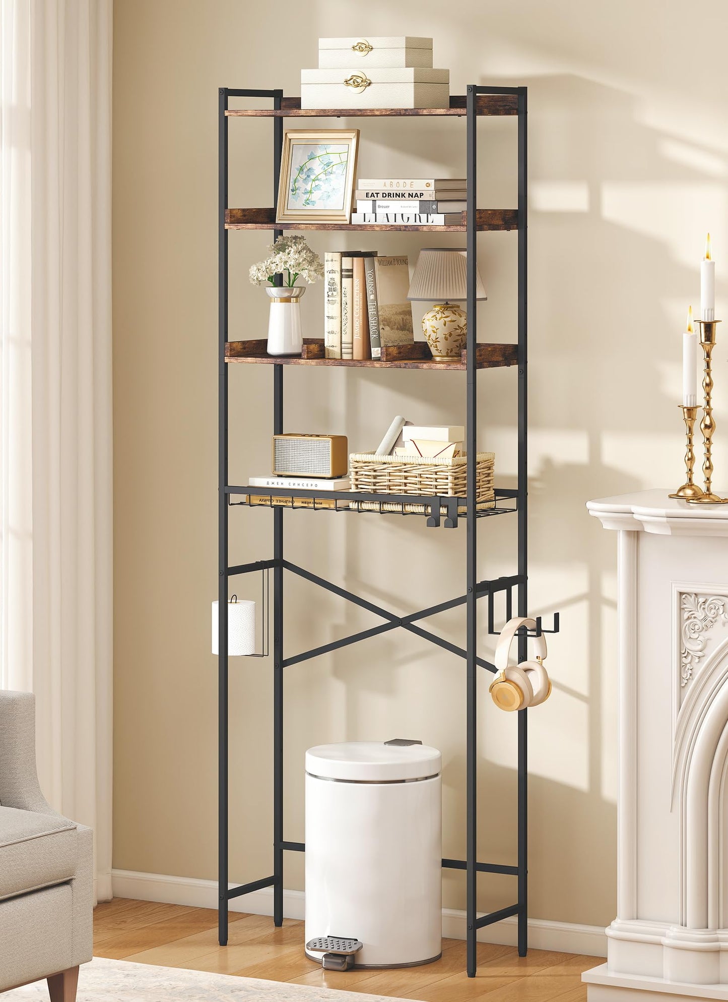 Quikraen 4 Tier Over The Toilet Storage Shelf with 3 Adjustable Shelves, Space Saver Bathroom Organizer with 4 Hooks, Freestanding Above Toilet Rack for Restroom Laundry (Brown)