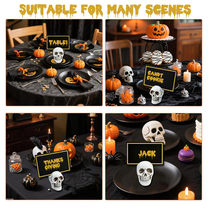 12pcs Halloween Skull Place Card Holders with 24 Cards, Skeleton Table Number Name Card Holder Gothic Photo Stands Display Centerpieces Halloween Table Setting Decor for Scary Birthday Wedding Party
