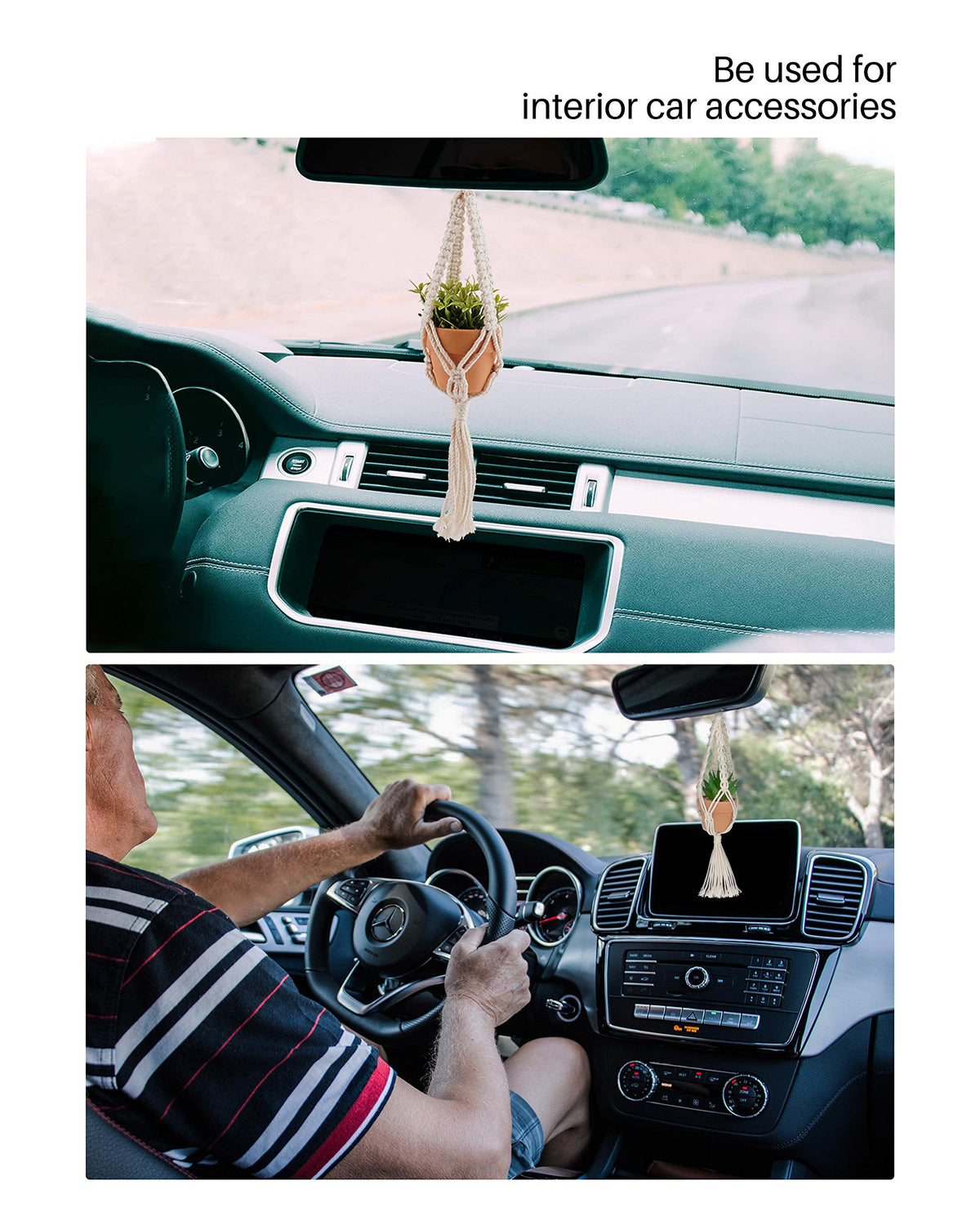 Macrame Plant Hangers, 3 Pcs Plant Hangers with Artificial Succulent Plants, Interior Car Accessories for Women, Rear View Mirror Accessories by MoHern