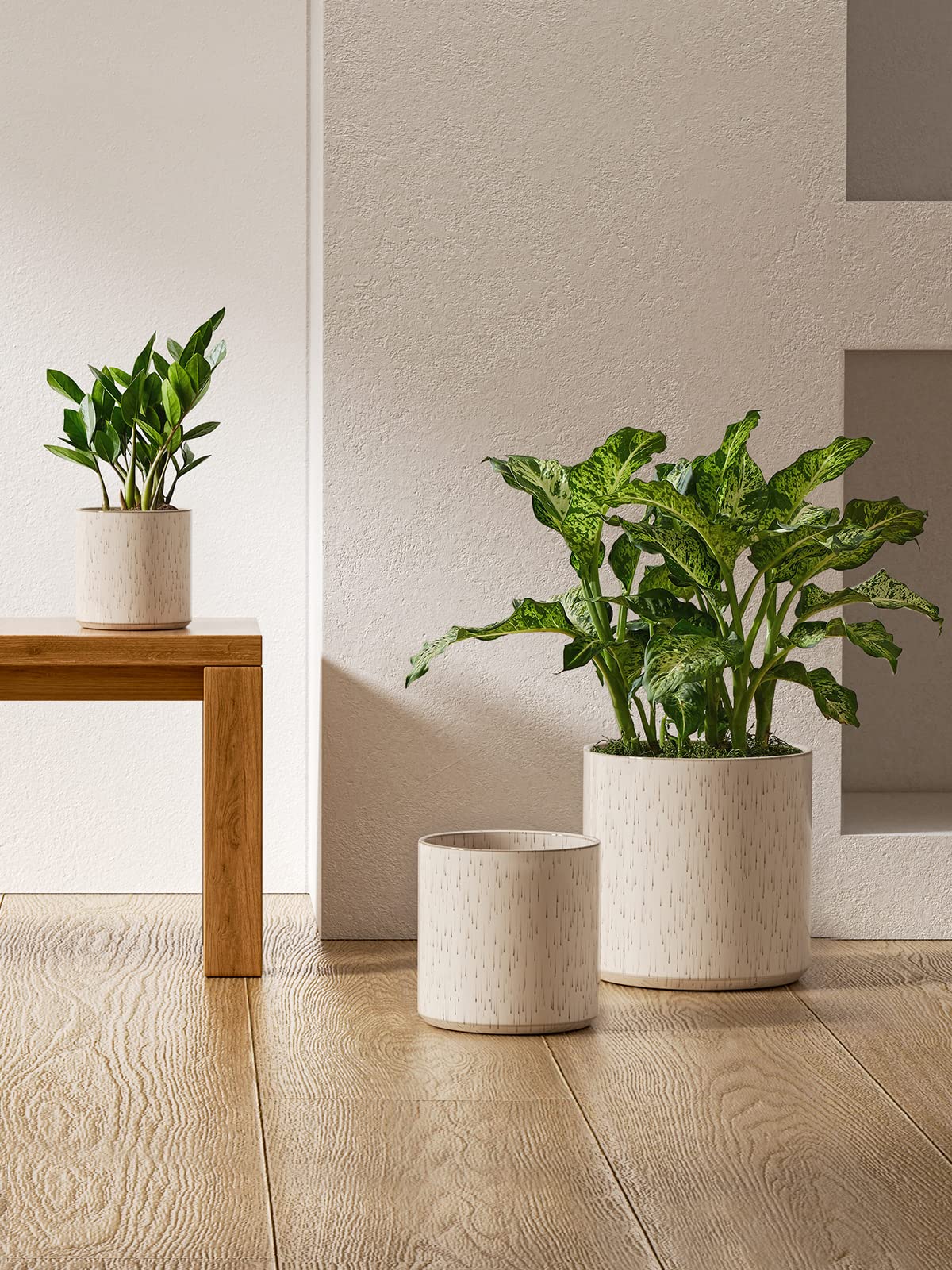 LE TAUCI Ceramic Pots for Plants, 10/8/6 Inch Indoor Planters with Draiange Hole, Silicone Plug & Mesh Pad, Modern Minimalist Pots for Home Office, Set of 3, Glossy, Linen Birch