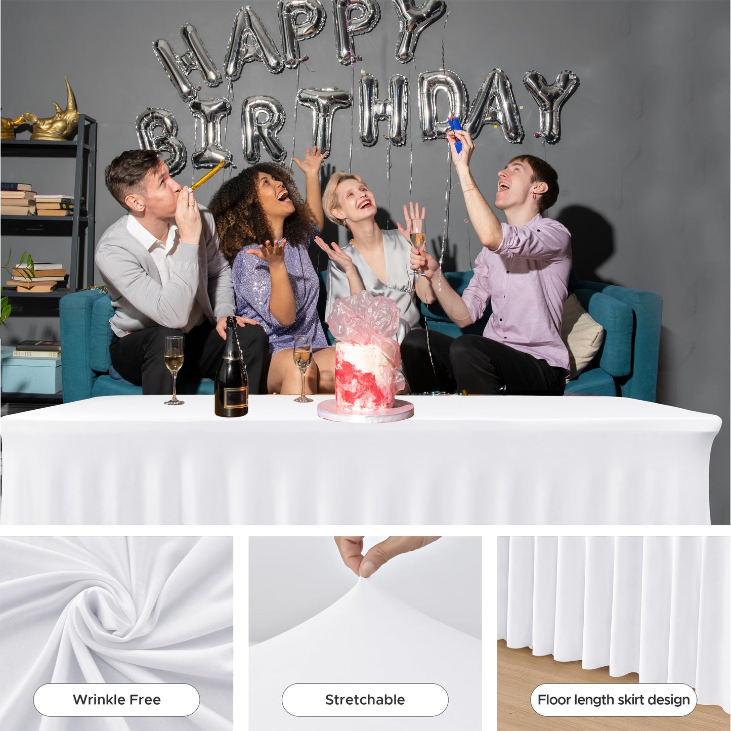 HolidayIdeas 2 Pack Spandex Table Skirt for 6 Ft Rectangle Tables, White Fitted Stretch Tablecloth 30 x 72 Inch, Wrinkle Resistant Ruffle Design for Wedding Banquets, Baby Showers, Parties