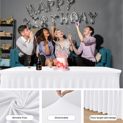 HolidayIdeas 2 Pack Spandex Table Skirt for 6 Ft Rectangle Tables, White Fitted Stretch Tablecloth 30 x 72 Inch, Wrinkle Resistant Ruffle Design for Wedding Banquets, Baby Showers, Parties