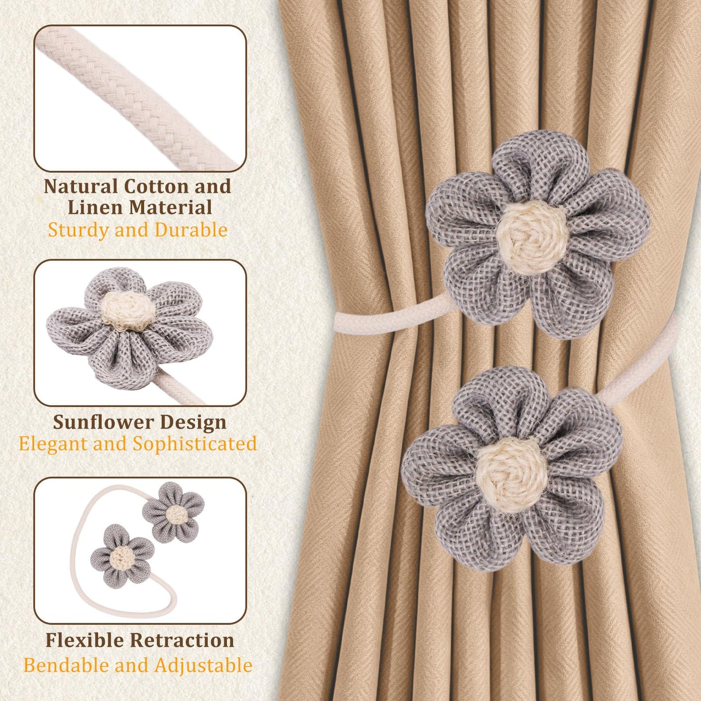 GDFYMI 4 Pack Flower Curtain Tiebacks, Rope Curtain Tiebacks Boho Style, Simple Elegant DIY Curtain Holdbacks, Curtain Tie Backs for Home Office Bedroom Nursery Farmhouse Decor (Grey)
