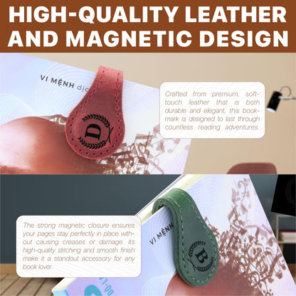 Personalized Magnetic Leather Bookmark - Genuine Leather Custom Bookmark with Initials, Handmade Magnetic Clips for Book Lovers, Readers, Kids, and Women - Premium Magnet Bookmark Charm (Green, G)
