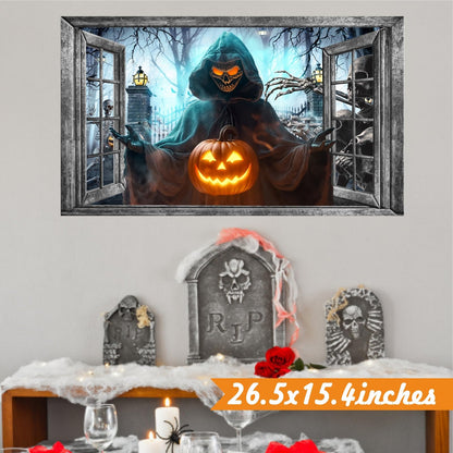 Halloween Wall Decor Halloween Decals 3D Fake Window Wall Decal Peel and Stick Grim Reaper Pumpkins Skeleton Wall Art Murals Halloweens Decoration for Living Room Bedroom Haunted House Party Supplies