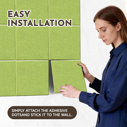 MISSDAY Green Acoustic Wall Panel Large Felt Bulletin Board 48" x 36" Cork Board for Wall, 12-Pack Boards with 72 Adhesive Tabs, 50 Pins, Pin Board for Home Office Classroom Soundproof Wall Tile