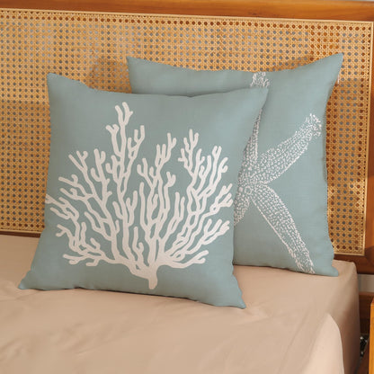 GOLIANDA Coastal Pillow Covers 18x18 Inch Set of 2 Blue Coral Starfish Throw Pillows Nautical Ocean Decorations Summer Linen Beach Pillowcase Outdoor Decor Farmhouse Cushion Case for Home Living Room