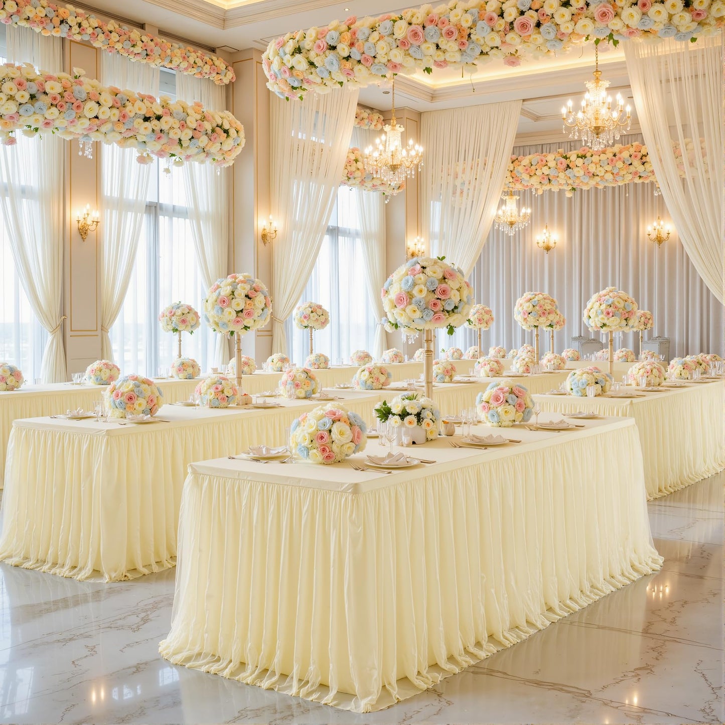 6ft Champagne Tulle Tablecloths for Rectangle Tables Stretch Rectangular Table Cloths Wrinkle Free 6 Foot Spandex Table Cover with Tutu Skirt for Wedding Birthday Party Banquet Buffet Cake Desk Skirt