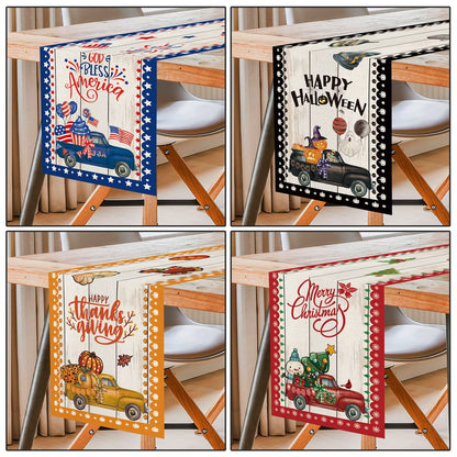 YOVOYOA 8 Pcs Truck Holiday Table Runner 72 Inches Long, Plaid Valentines Day St Patricks Day Mardi Gras Easter 4th of July Halloween Thanksgiving Day Christmas Burlap Table Decor for Home Party