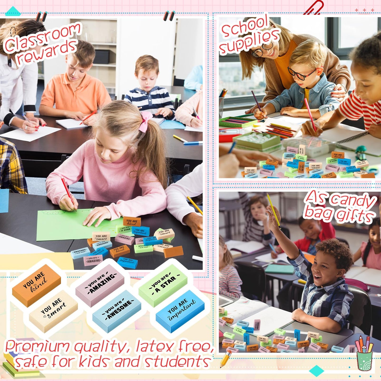 Resurhang 180 Pcs Erasers Bulk for Kids Inspirational Pencil Erasers Bulk for Drawing Motivational Big Eraser School Supplies for Classrooms Back to School Office (Motivational,Morandi)