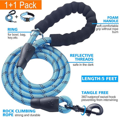 Ladoogo Reflective Dog Collar Padded with Soft Neoprene Breathable Adjustable Nylon Dog Collars for Small Medium Large Dogs (X-Small (Pack of 1), Vivid Blue Plaid Collar+Leash)