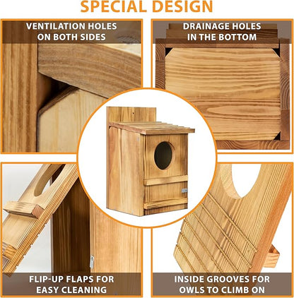 Screech Owl House, Owl Bird Box Large Handmade Wooden Circular Opening Screech Box for Outside with Mounting Screws and A Bag of Wood Shavings, Easy Assembly Required (Brown, 9" x 14.5")