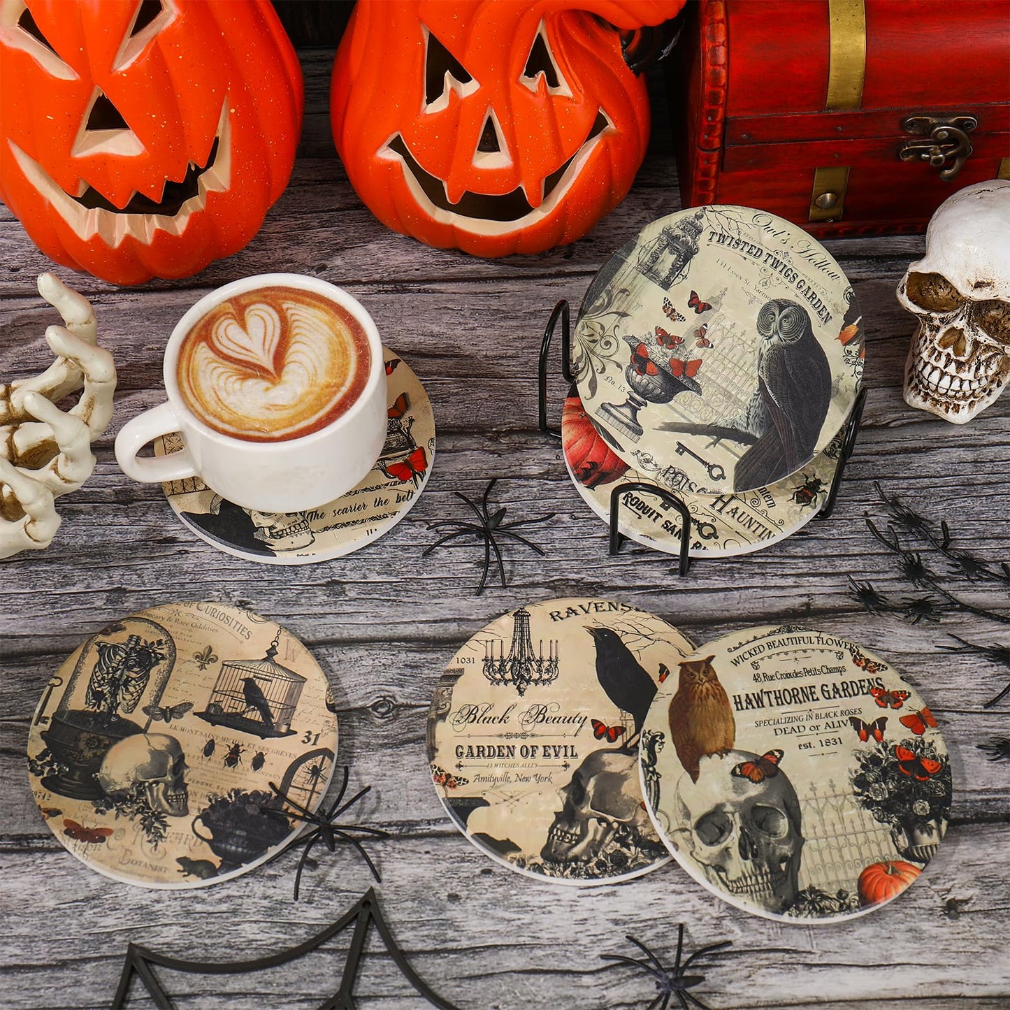 Whaline 6Pcs Halloween Coasters with Holder Vintage Owl Crow Skull Ceramic Drink Coasters Absorbent Cup Mat for Home Kitchen Party Table Protection