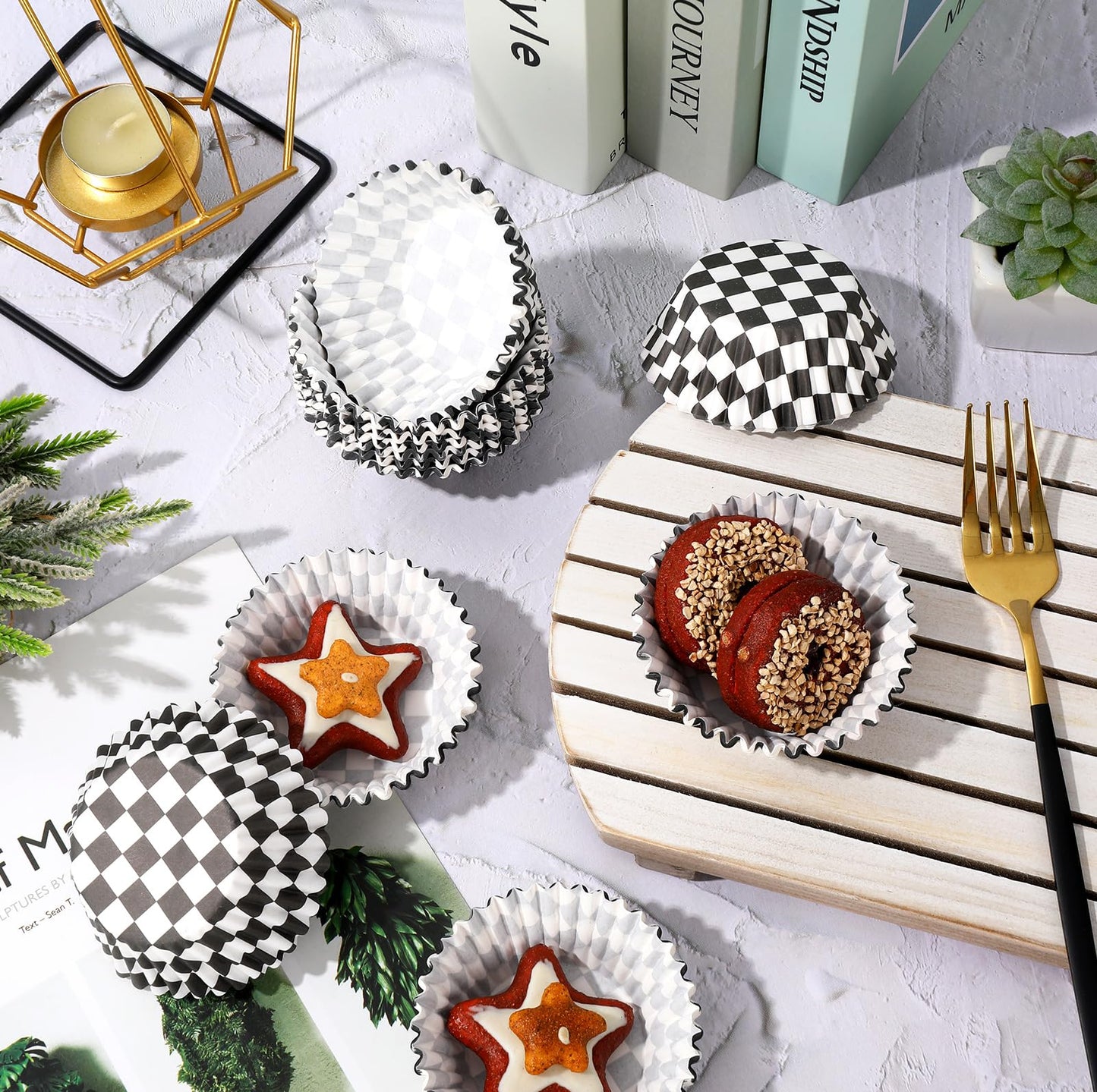 Whaline 300Pcs Checkered Cupcake Liner White Black Baking Cup Checkerboard Muffin Liner Race Car Cake Paper Cup Container for Party DIY Craft, 2x1.2 Inch