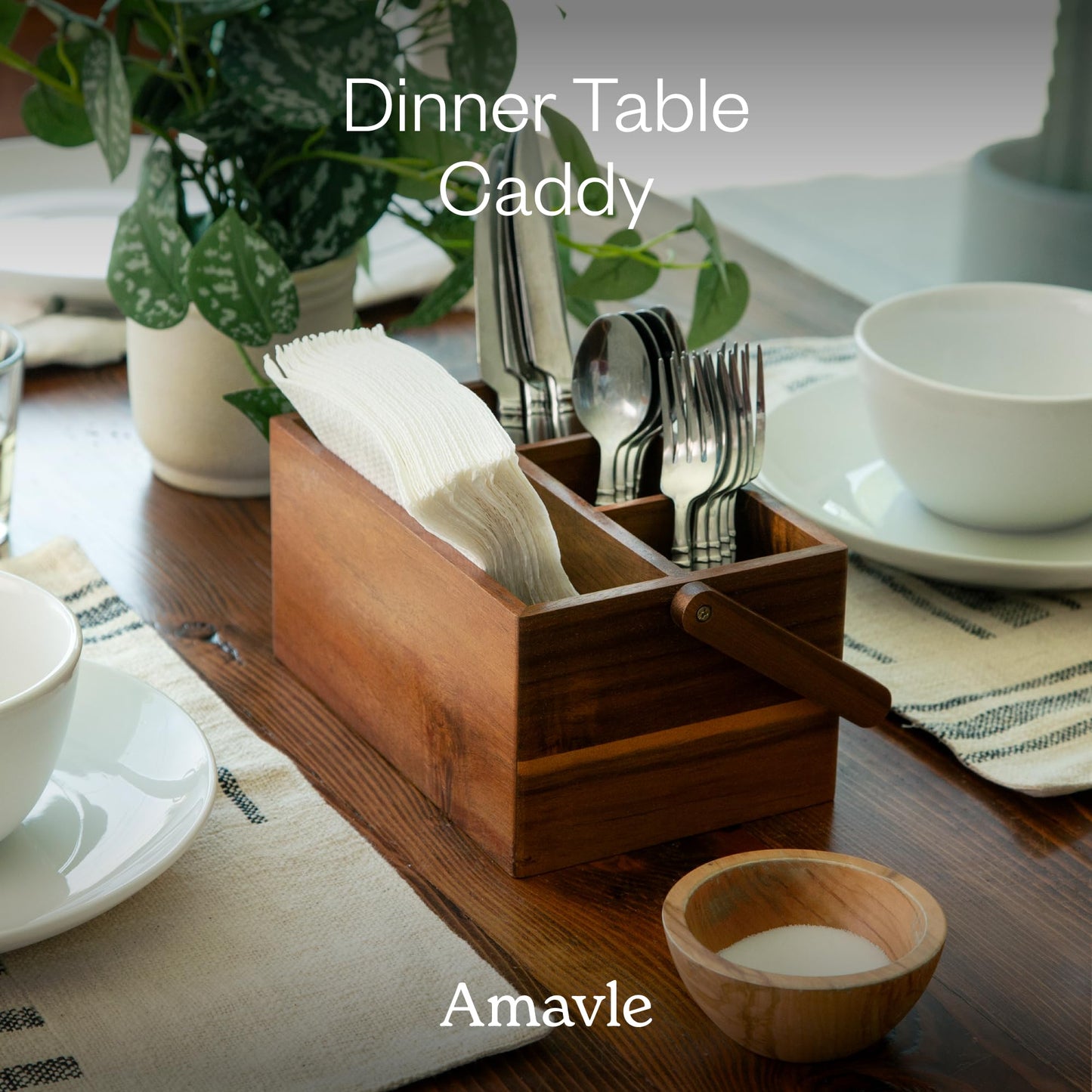 Amavle Acacia Wood Utensil Caddy with Handle, Wooden Silverware Holder, Multi-purpose Organizer for Kitchen, Office, Bathroom, Bedroom