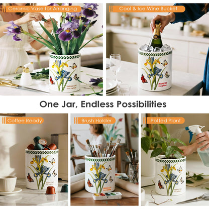 ACMLIFE Extra Large Cooking Utensil Holder, 7.3" Kitchen Utensil Holder for Countertop, Utensil Crock for Farmhouse Kitchen Decor, Ceramic Stable Utensil Caddy, Floral (Iris)