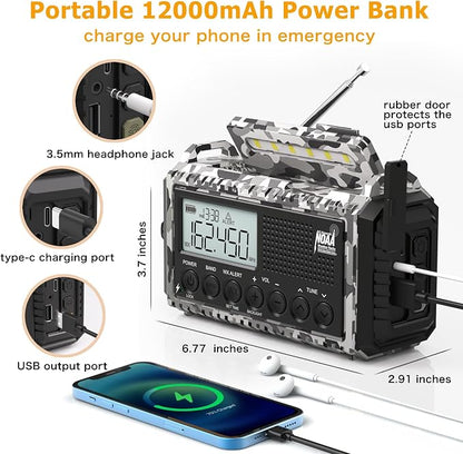 Eoxsmile Emergency Radio 12000mAh with NOAA Weather Alert | Solar, Hand Crank, Battery AM/FM/Shortwave with Type-C Charger, Flashlight, SOS for Hurricane, Camping, Outdoor Survival