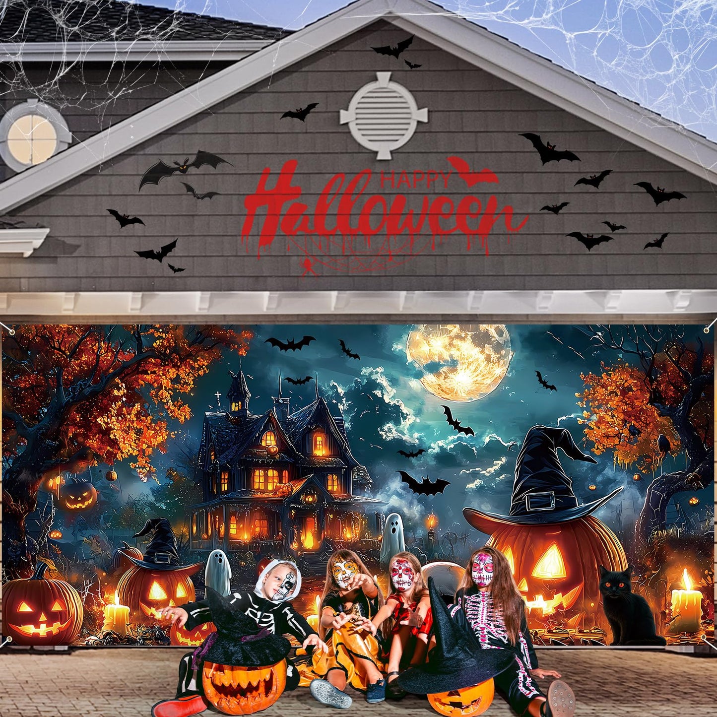 Remagr 7 x 16 ft Halloween Garage Door Banner Large Halloween Hanging Backdrop Door Cover Gloomy Skull Garage Wall Decoration Backdrop Mural for Party Wall Window Yard Outdoor Holiday