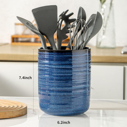 HASENSE Ceramic Kitchen Utensil Holder, 7.4" x 6.2" Large Countertop Utensil Crock, Stable Cooking Utensil Organizer for Spatulas, Spoons, Whisks & Tools, Modern Blue Kitchen Decor