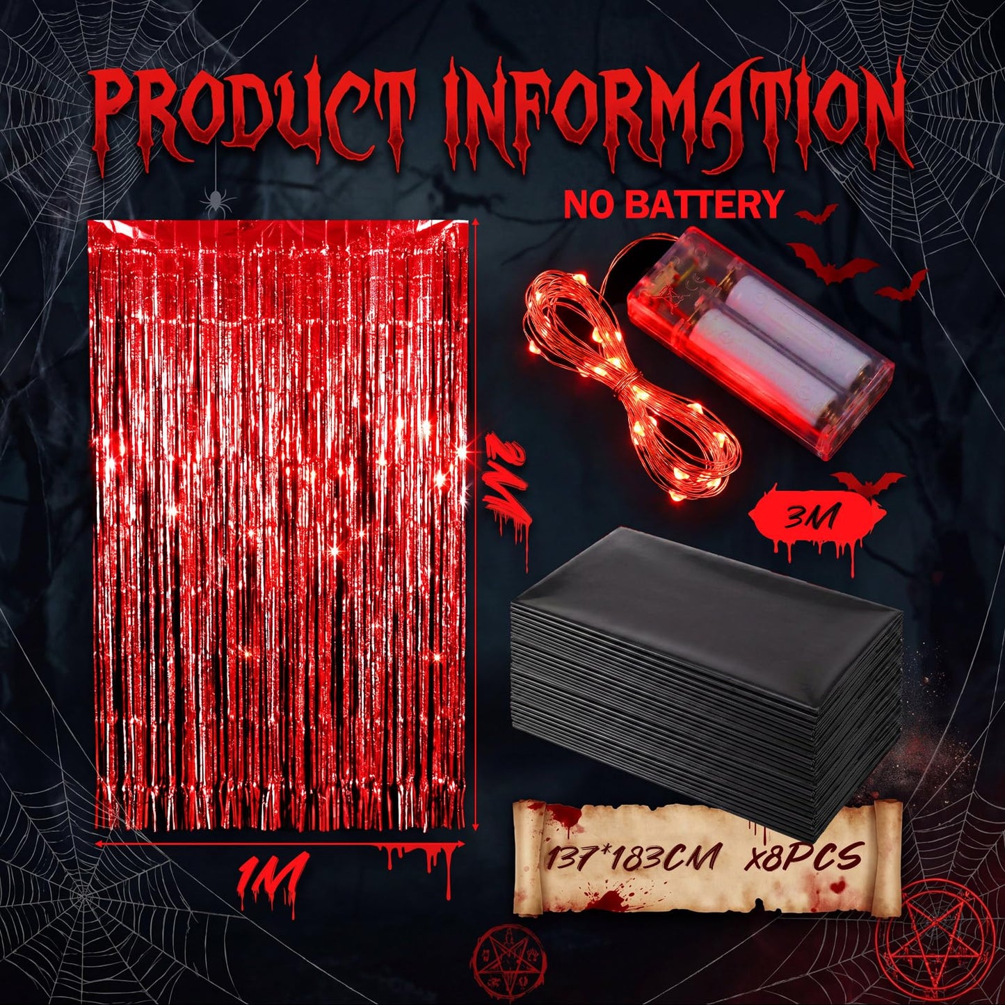 Tingjoo 12 Pcs Weird Themed Door Party Decoration with Spooky Red Black Foil Curtain Tablecloth LED Light Weird Themed Door Decor for Welcome to the Other Side Backdrop Photo Prop Birthday Halloween