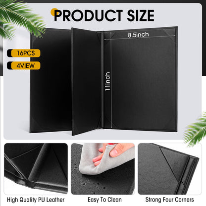 Skyygemm 16 Pcs Leather Menu Covers Holders for 8.5 x 11 Inches, Waterproof Four View Leather Dinner Menu Holder Covers for Restaurant, Hotel, Bar