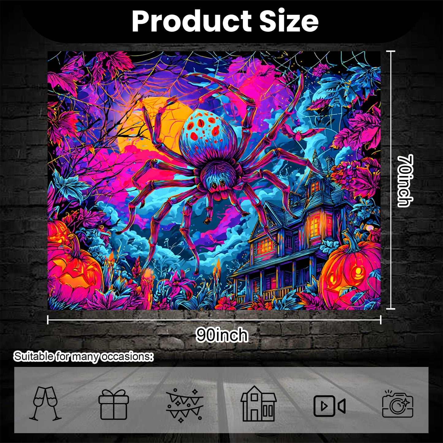 NYZE Spider Tapestry for Black Light, Tapestry Blacklight Halloween Wall Decor Tapestrie Glow in The Dark Party Decor UV Reactive Poster for Bedroom 90 * 70in