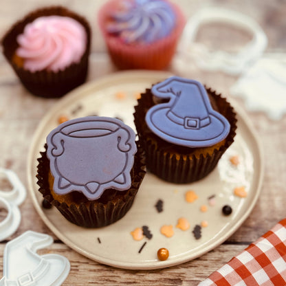 BAKERLOGY Wicked Brews Mini Cookie Cutter & Stamp Set (Witch Hat & Cauldron Designs) – Cute Halloween Fondant Embossing Stamp Cutters for Spooky Baking, Cupcake Toppers & Party Treats
