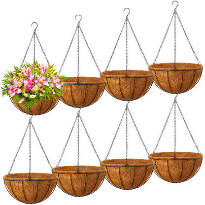 Rtteri 8 Pcs 8 Inch Hanging Baskets for Plants Outdoor with Metal Wire Frame and Coconut Coir Liners, Round Wire Hanging Baskets with Chain for Patio Garden Porch Decoration